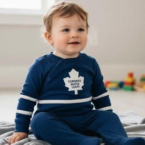 NHL Toronto Maple Leafs Navy Blue White Stripes One Piece Footed Coverall 18M